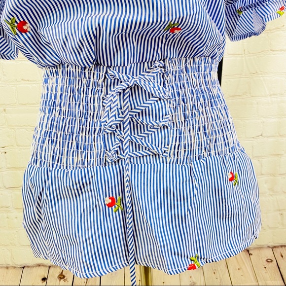 NEW Blue White Stripe Embroidered Peasant Blouse - Picture 2 of 15